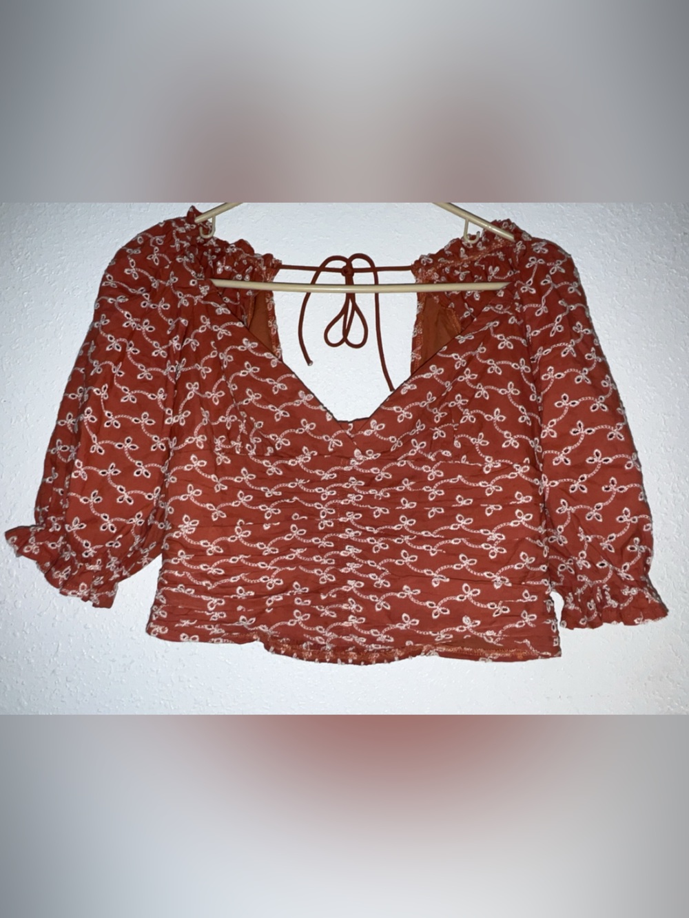 SHEIN Rust Red Tie-Back Puff Sleeve Crop Top